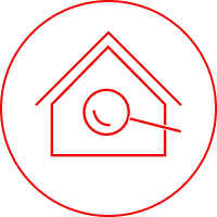 Red house inside a circle with magnifying glass