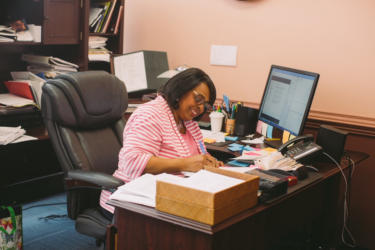 Turner works in her office during a rare moment when she's not in a meeting or resolving an issue. Photo by Noah Turley.
