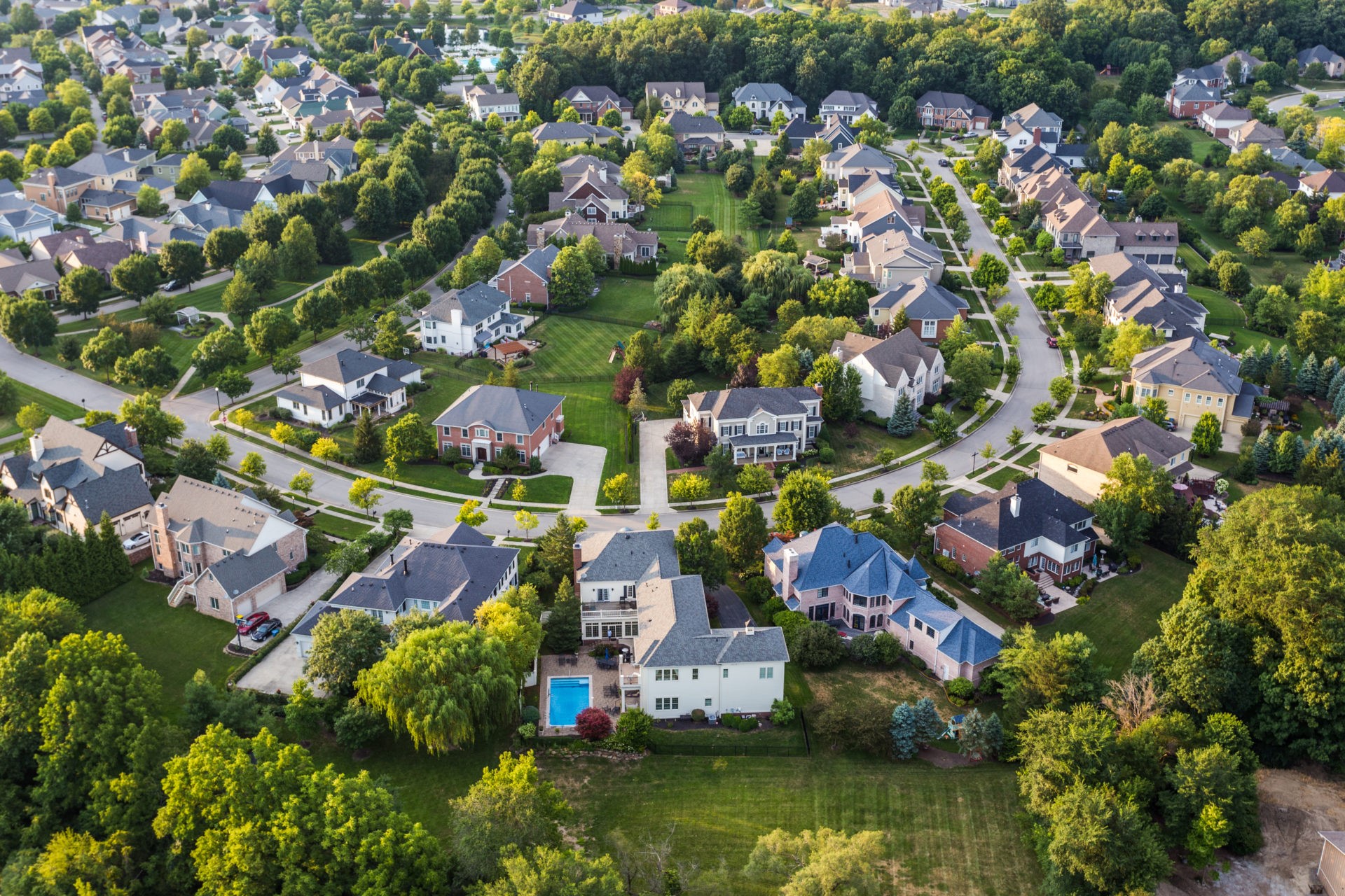 Aerial view of suburban neighborhood