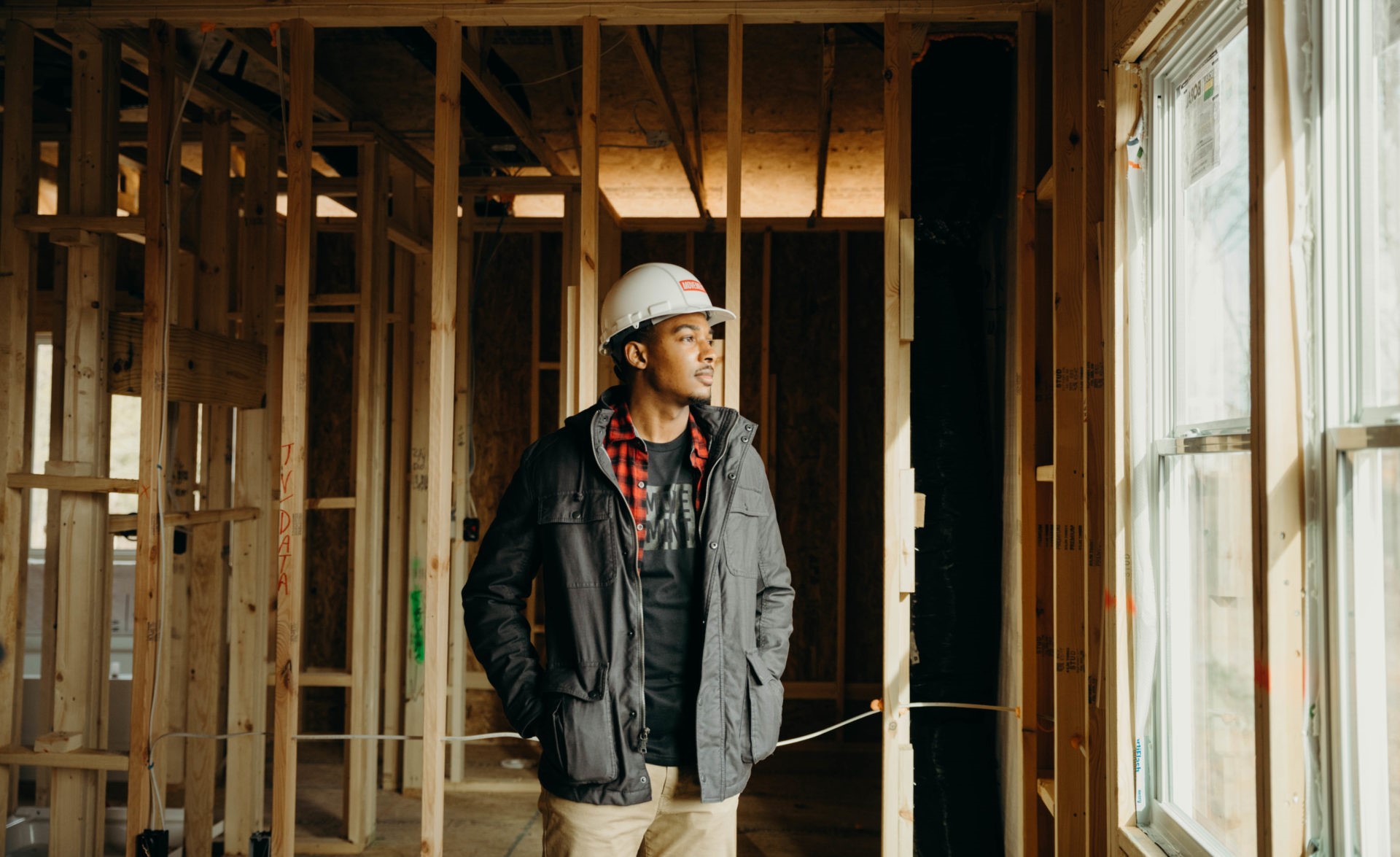 Construction man wearing white helmet 