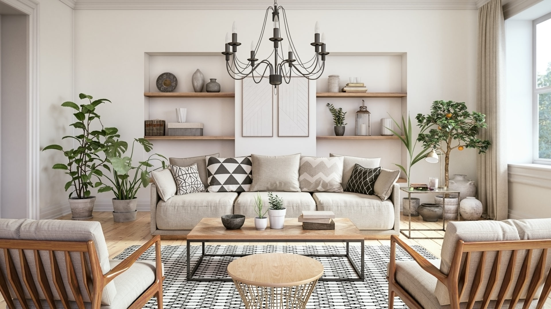 Modern scandinavian living room interior - 3d render