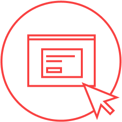 Red-outlined icon of a computer mouse cursor pointing to a web browser