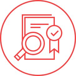 Red-outlined icon of a magnifying glass over a document and an award/ribbon