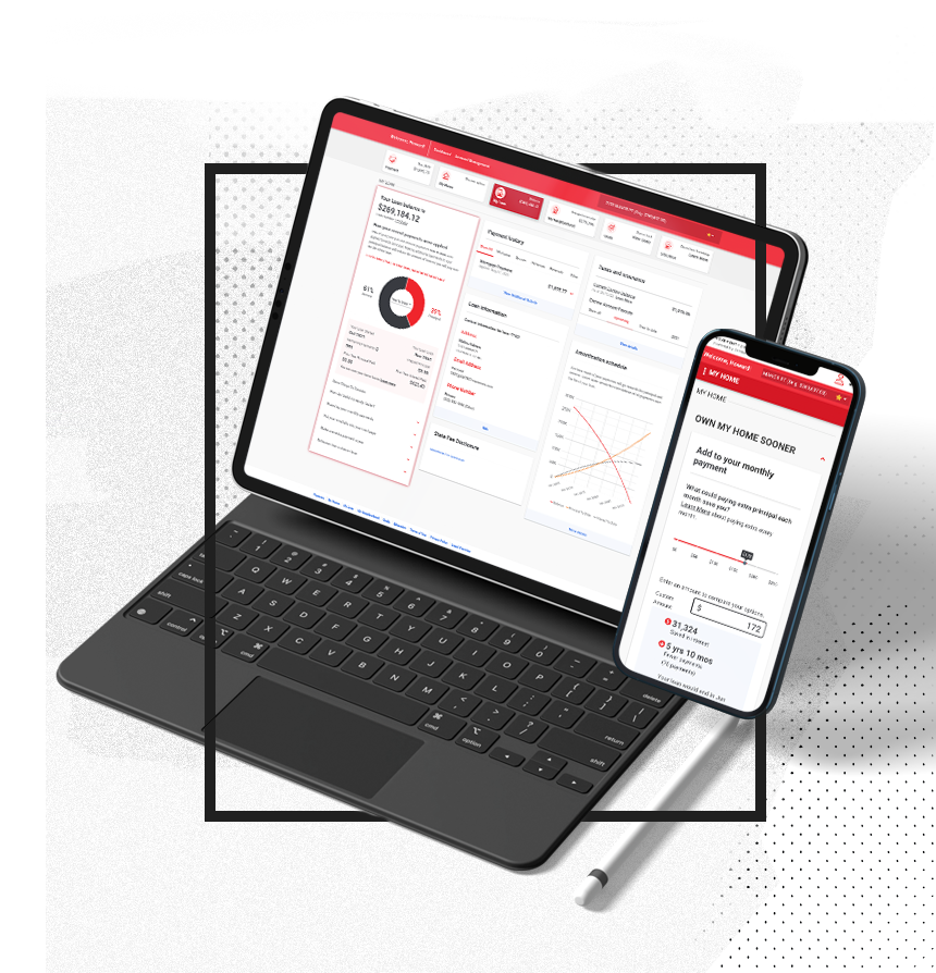 laptop and iPhone showing loan portal, dashboard, charts, graphs, data