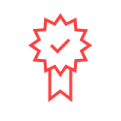 Red-outlined award icon with checkmark
