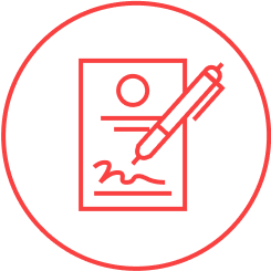Red-outlined icon of a document being signed by a pen