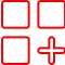 Red outlined icon of three boxes and a plus sign