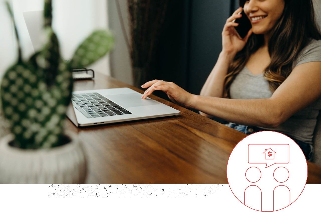 woman talking on mobile phone and working on a laptop with icon in bottom right