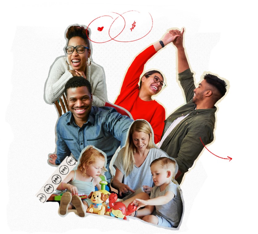 Cut out collage of different couple and family.