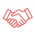 Red outlined icon of a handshake